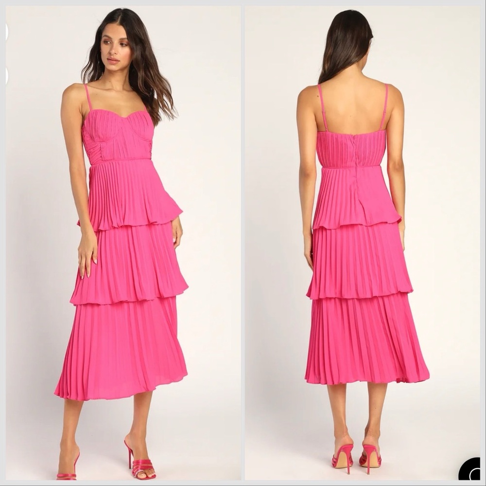 Lulus - Cascading Hot Pink Tiered Midi Dress